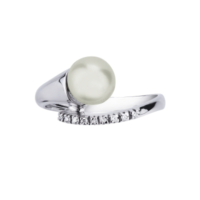White gold 18k curved ring with pearl and diamonds 