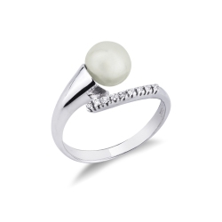 White gold 18k curved ring with pearl and diamonds 