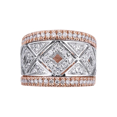 18k white and rosé gold band ring with diamonds in a rhombus shape