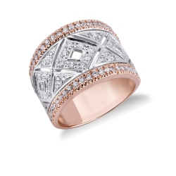 18k white and rosé gold band ring with diamonds in a rhombus shape