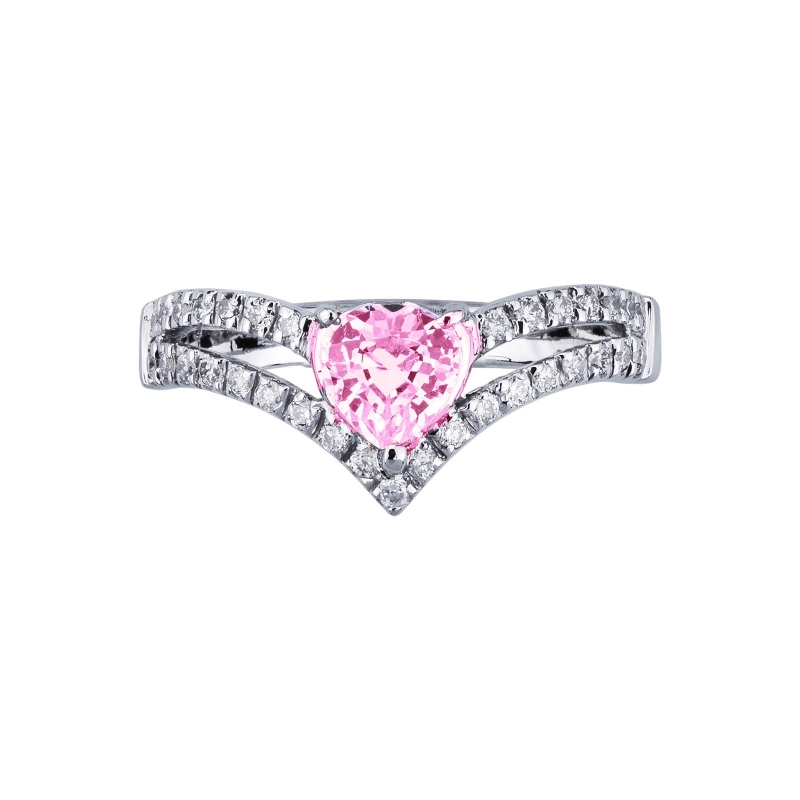 White gold 18k ring with pink sapphire heart cut and diamonds 