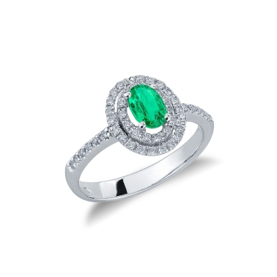 White gold 18k halo ring with emerald oval cut and diamonds 