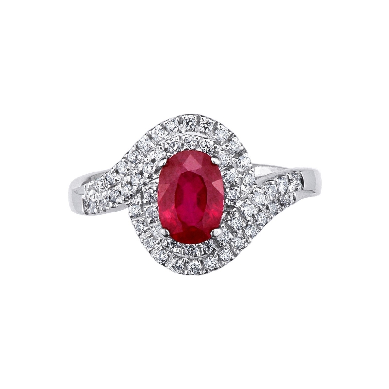 White gold 18k halo ring with oval cut ruby and diamonds 