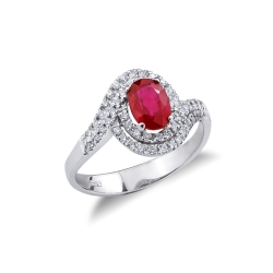 White gold 18k halo ring with oval cut ruby and diamonds 