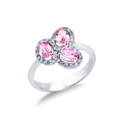 18k white gold halo ring with diamonds and three oval cut pink sapphires