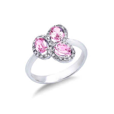 18k white gold halo ring with diamonds and three oval cut pink sapphires