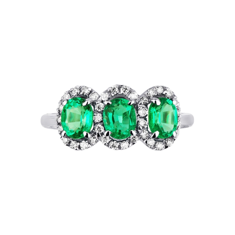 White gold 18k ring with halo diamonds and emeralds oval cut