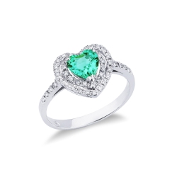 White gold 18k halo ring with a heart cut emerald and diamonds