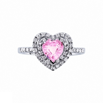 Heart halo ring in white gold 18k with pink sapphire and diamonds