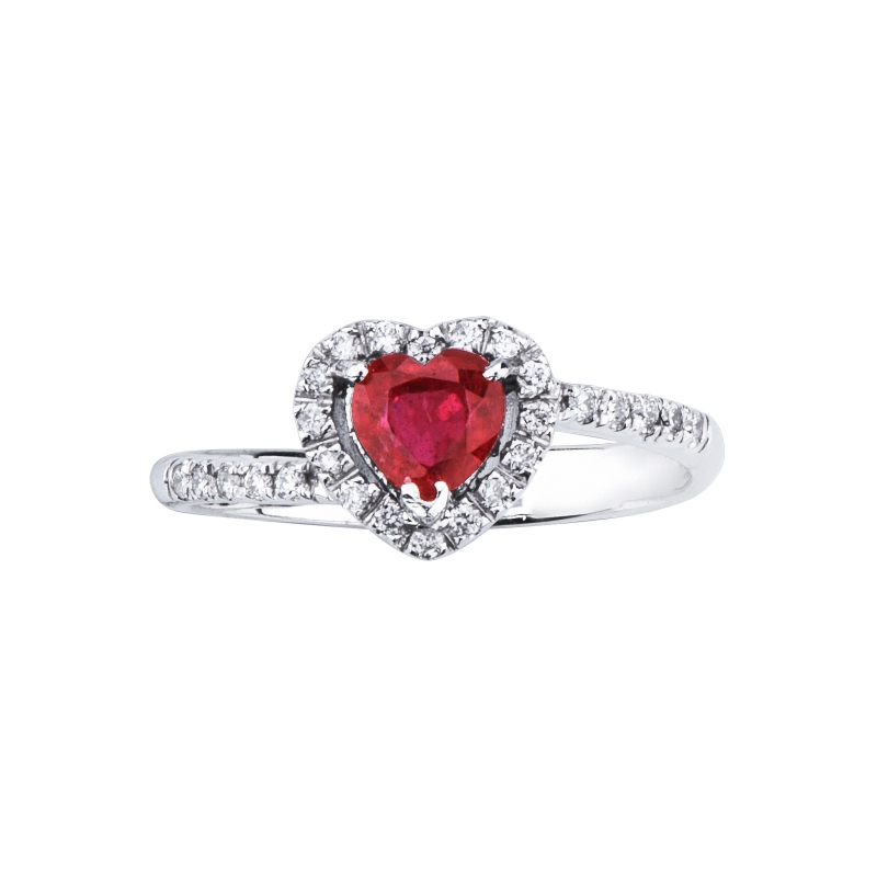 Halo ring with a central ruby heart cut and diamonds in white gold 18k