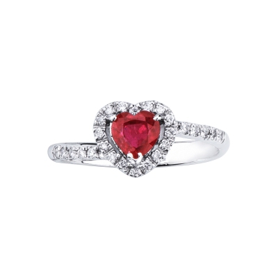 Halo ring with a central ruby heart cut and diamonds in white gold 18k