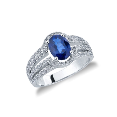 White gold 18k ring with a blue sapphire and four diamonds' rows