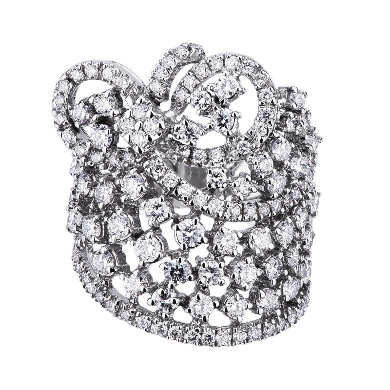 White gold 18k band ring with diamonds and embroideries