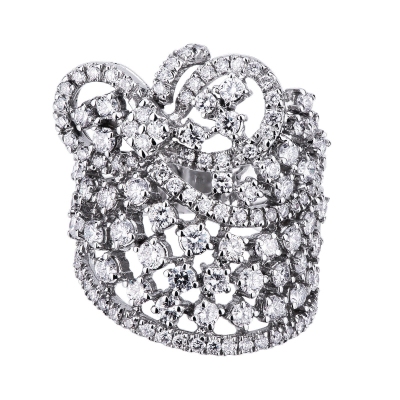 White gold 18k band ring with diamonds and embroideries