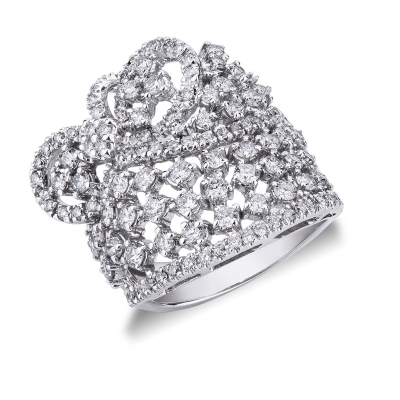 White gold 18k band ring with diamonds and embroideries