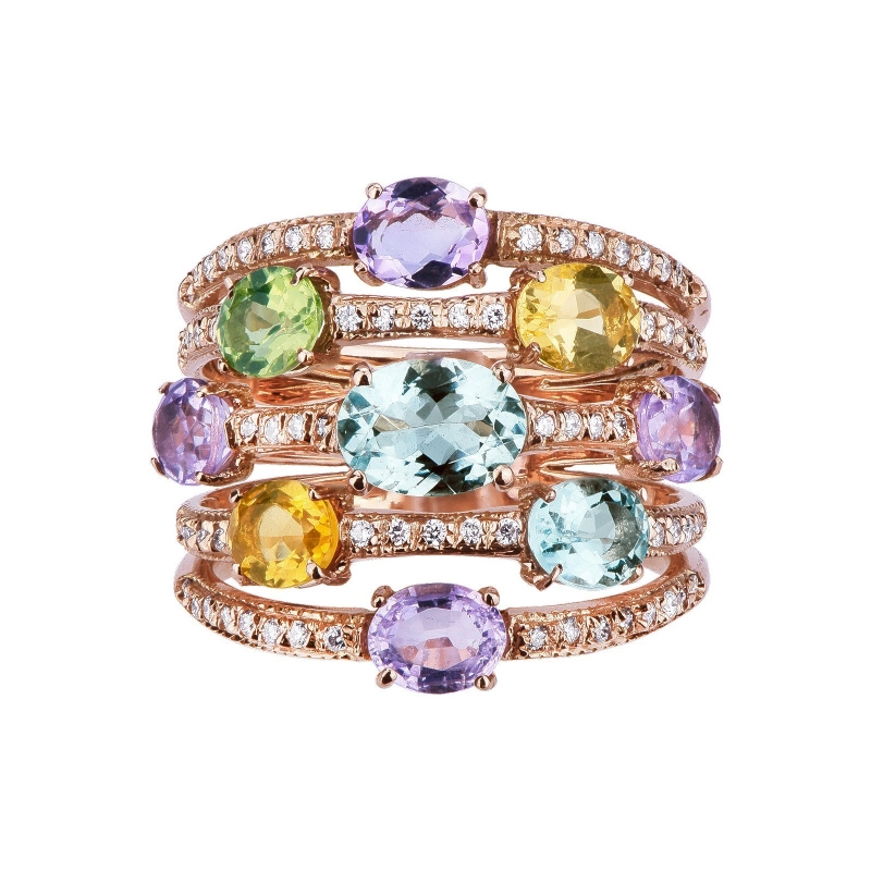 18k rosé gold band ring with multicolor topaz and diamonds 