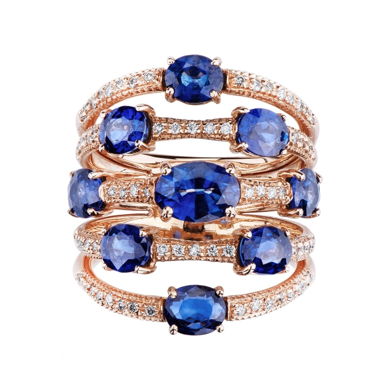 Band ring in rose gold 18k with blue sapphires and diamonds