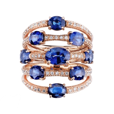 Band ring in rose gold 18k with blue sapphires and diamonds