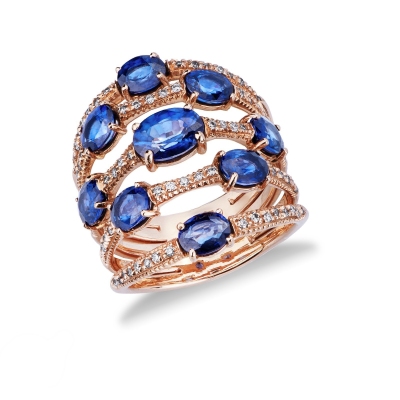 Band ring in rose gold 18k with blue sapphires and diamonds