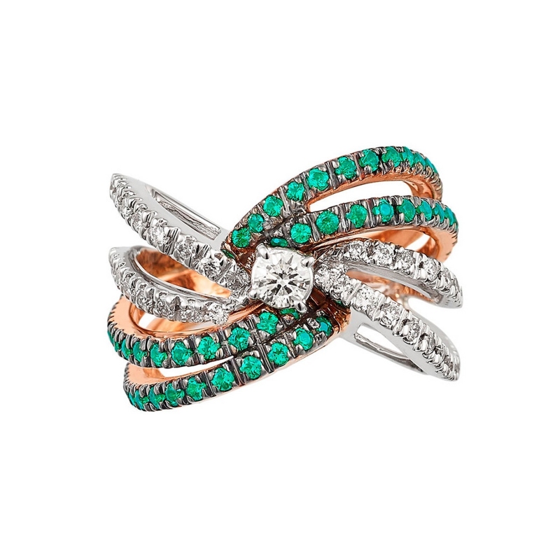 18k white and rosé gold ring with emeralds and diamonds 