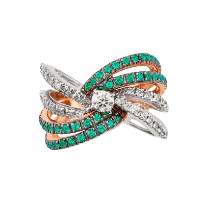 18k white and rosé gold ring with emeralds and diamonds 