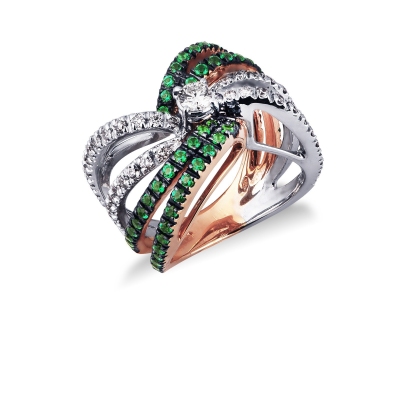 18k white and rosé gold ring with emeralds and diamonds 