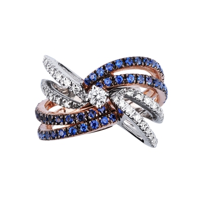 Rosé and white gold 18k band ring with diamonds and blue sapphires 