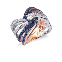 Rosé and white gold 18k band ring with diamonds and blue sapphires 