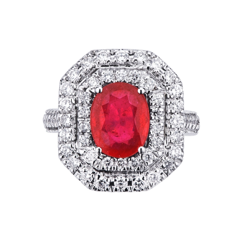 Diamond double halo ring with a central ruby