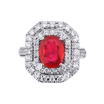 Diamond double halo ring with a central ruby
