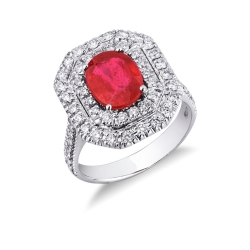 Diamond double halo ring with a central ruby