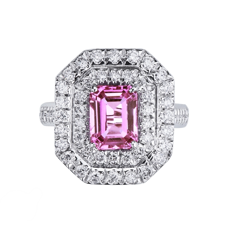 18k white gold ring with pink sapphire and double halo in diamonds