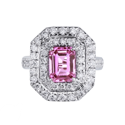 18k white gold ring with pink sapphire and double halo in diamonds