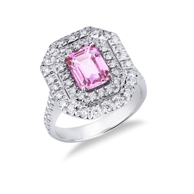 18k white gold ring with pink sapphire and double halo in diamonds