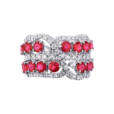 18k white gold band ring with diamonds and two rows of rubies 