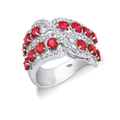 18k white gold band ring with diamonds and two rows of rubies 