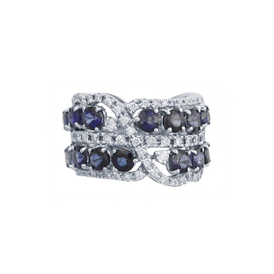 18k white gold band ring with diamonds and two rows of blue sapphires 