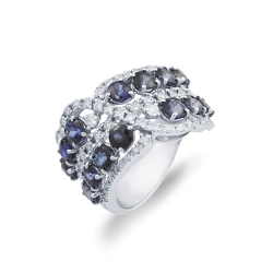 18k white gold band ring with diamonds and two rows of blue sapphires 