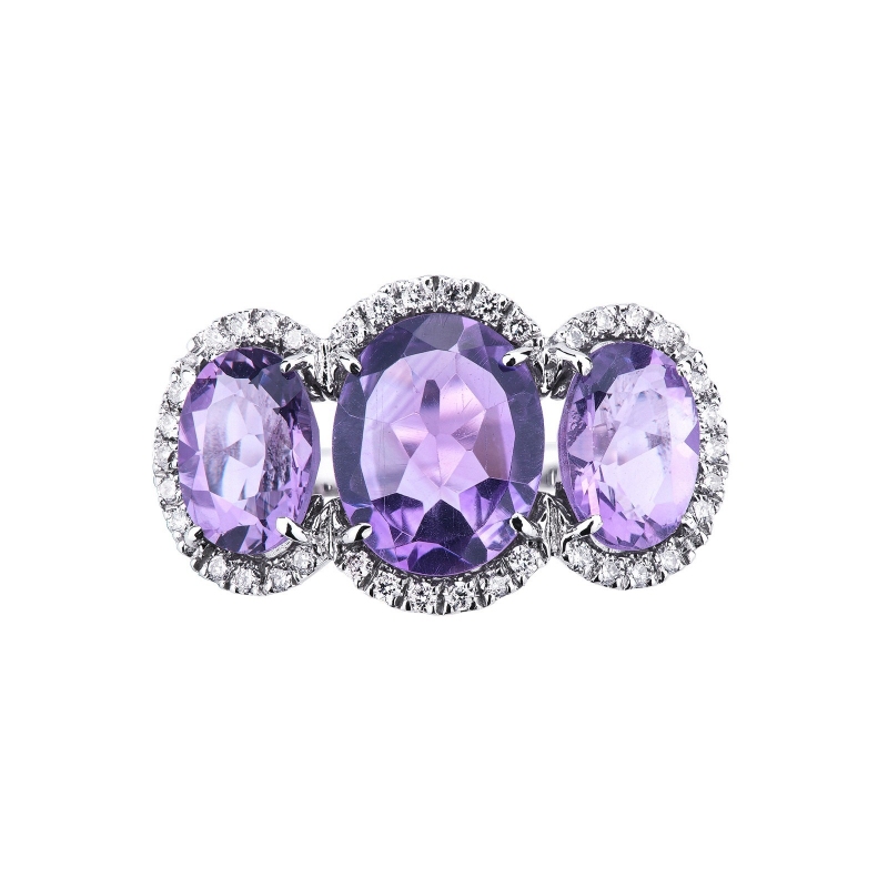 Trilogy type ring with halo amethysts and diamonds 