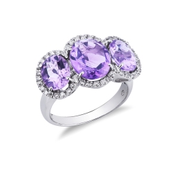 Trilogy type ring with halo amethysts and diamonds 