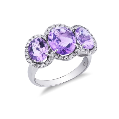Trilogy type ring with halo amethysts and diamonds 