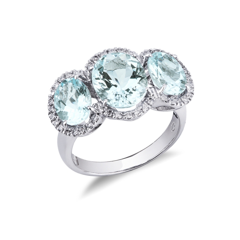 Trilogy type ring with aquamarines and halo diamonds