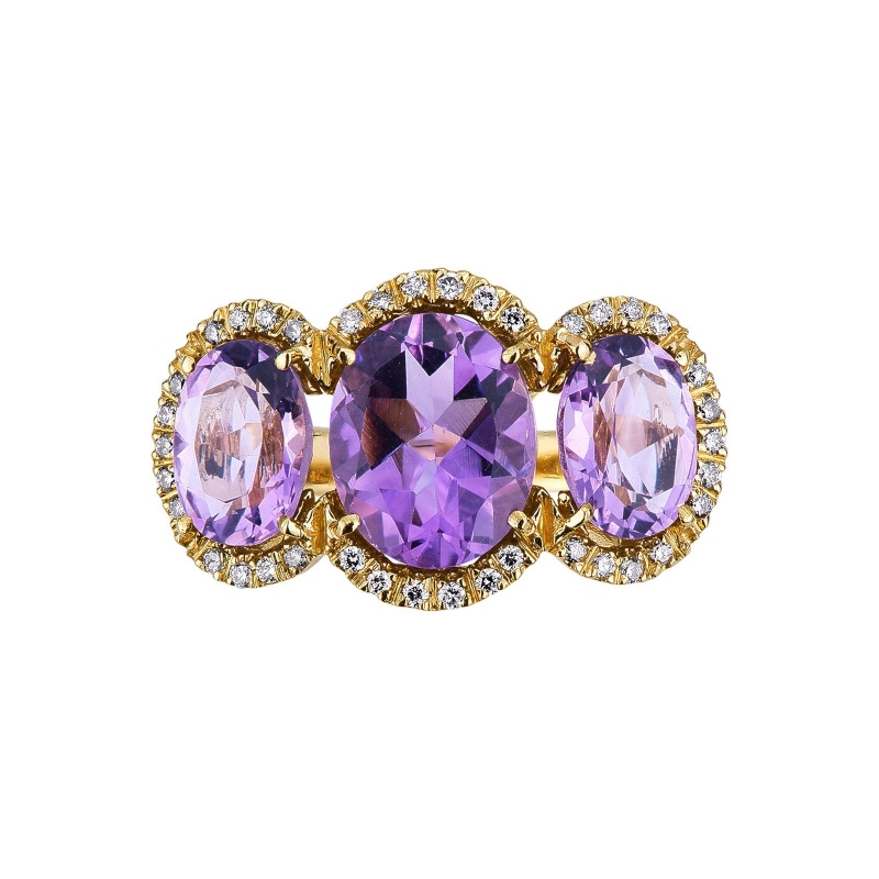 Trilogy type ring with amethysts and diamonds yellow gold 18k 