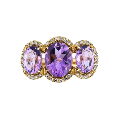Trilogy type ring with amethysts and diamonds yellow gold 18k 