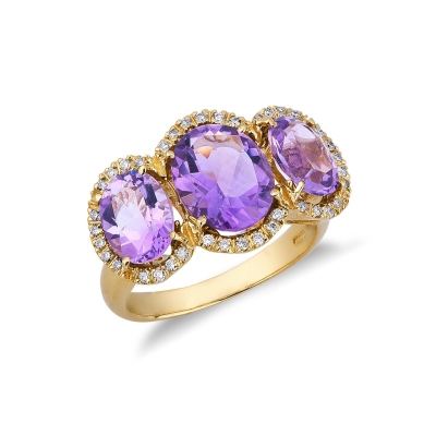 Trilogy type ring with amethysts and diamonds yellow gold 18k 