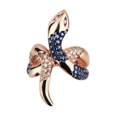 18k rosé gold ring with a diamond snake and blue sapphires 