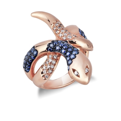 18k rosé gold ring with a diamond snake and blue sapphires 