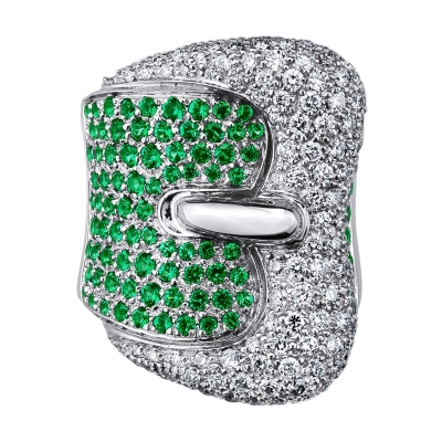 18k white gold buckle ring with diamonds and emeralds 