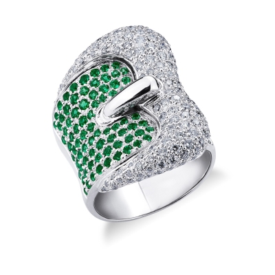 18k white gold buckle ring with diamonds and emeralds 