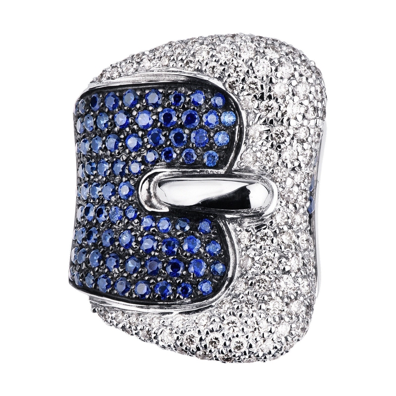 White gold 18k buckle ring with diamonds and blue sapphires 
